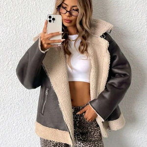 Fashionable PU Leather Shearling Collar Slim Fit Biker Jacket
